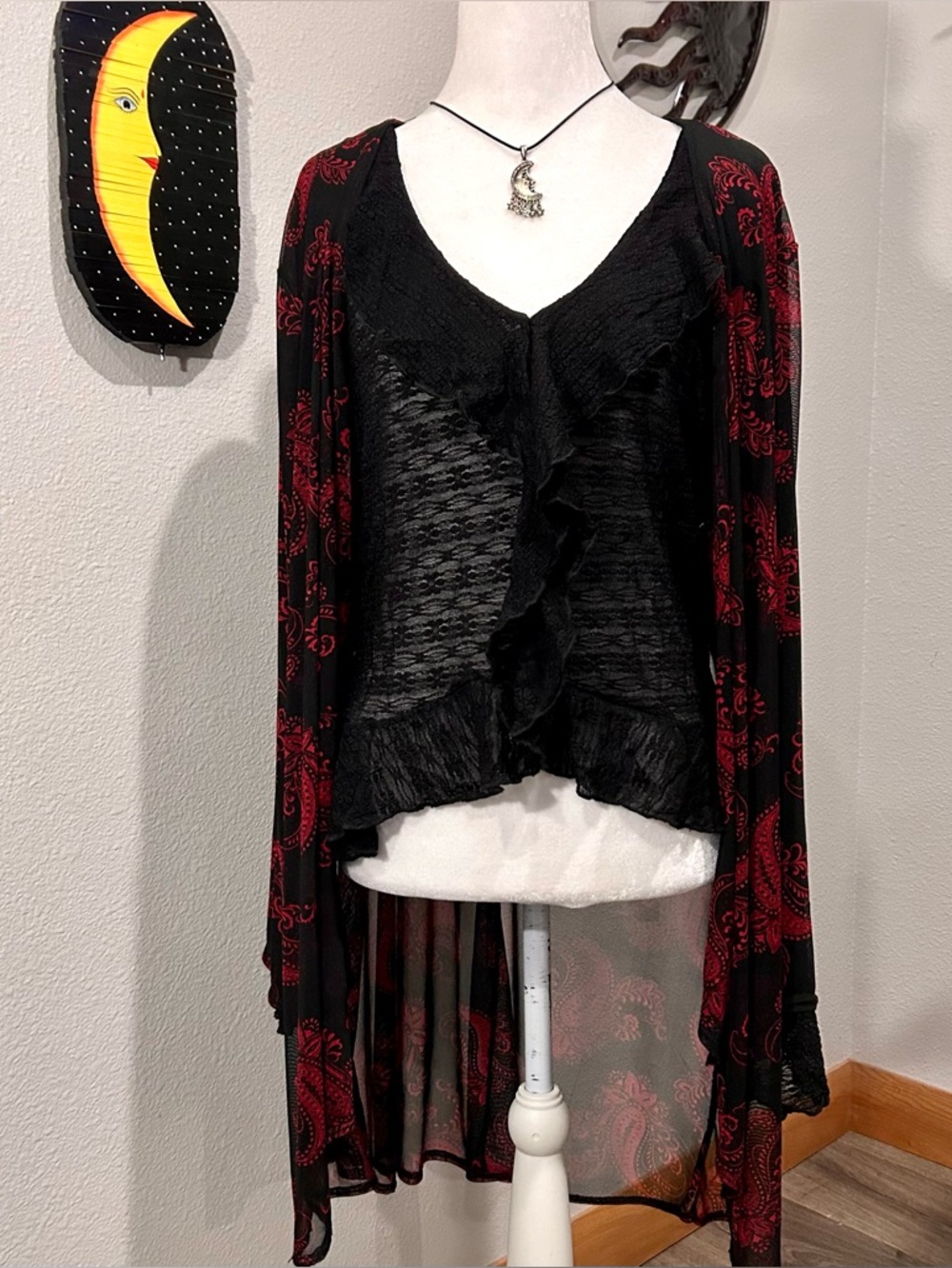 90s Whimsigoth Paisley Mesh Duster & Sheer Ruffle Blouse XL Set Night Out Vibe
